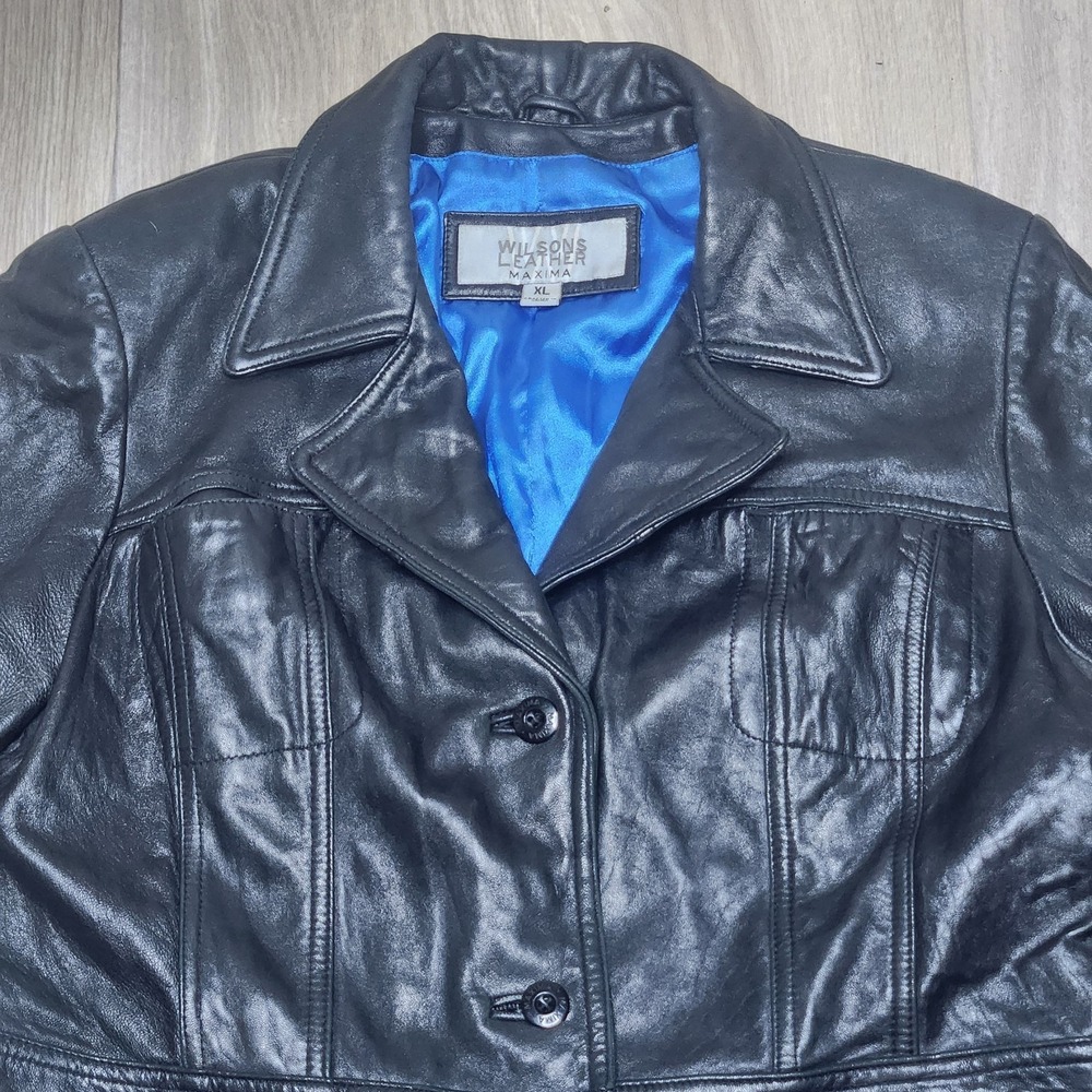 Vintage Wilsons Leather Maxima Trench Coat Women's XL Black Blue Lining Y2K 90s - Picture 4 of 14